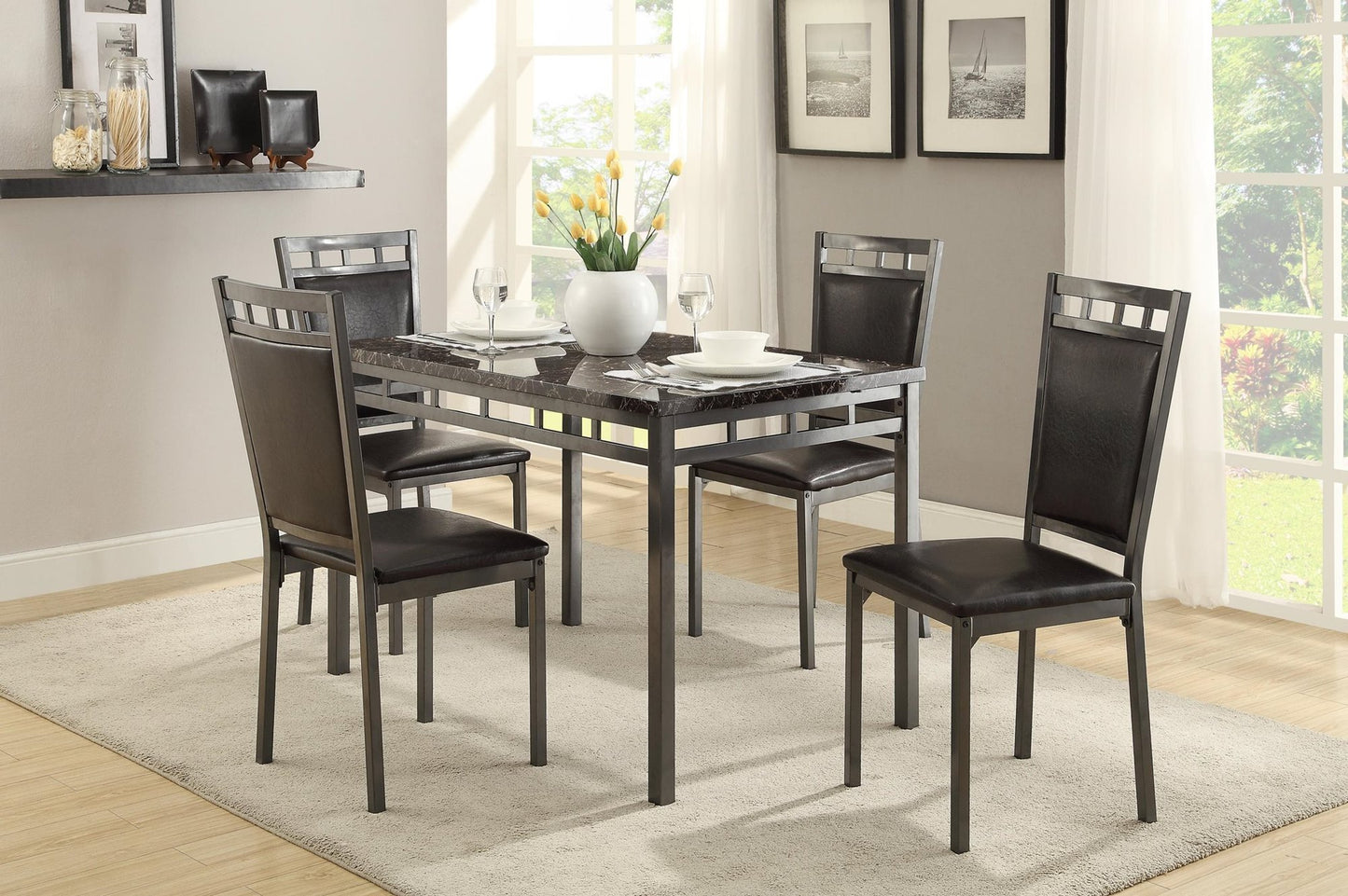 Homelegance Olney 5PC Dining Set Faux Marble Table, 4 Chair in Dark Brown