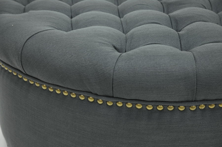 Modern Round Tufted Ottoman in Grey Linen Fabric