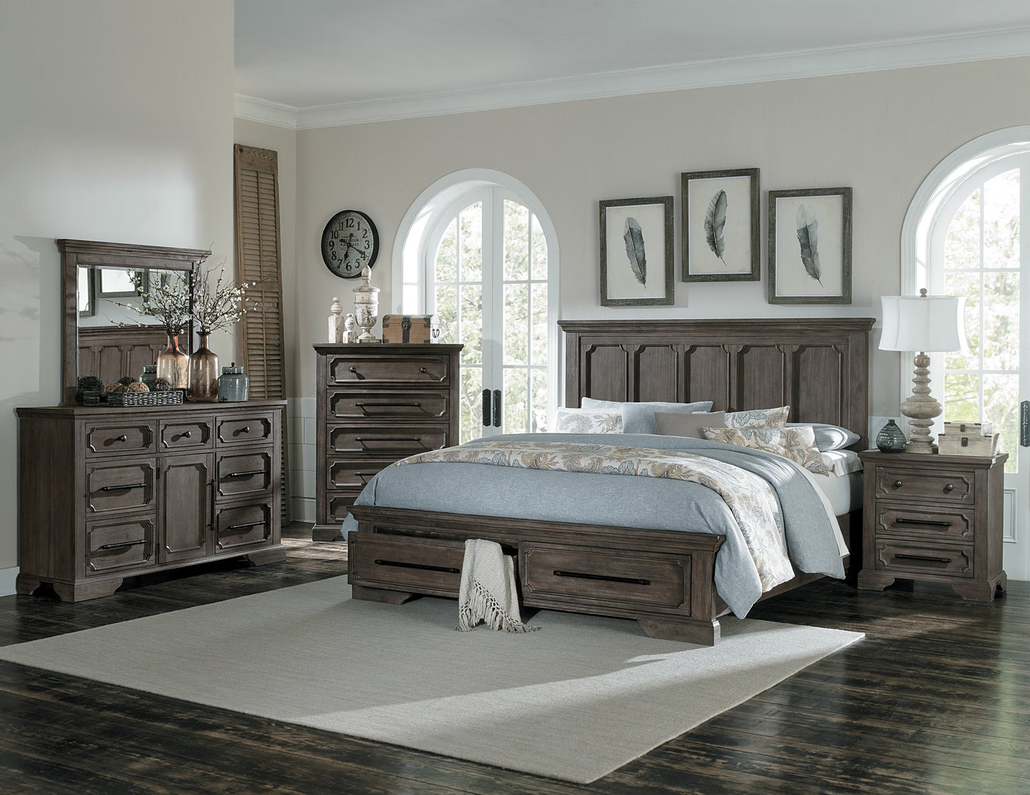 Homelegance Toulon 6PC Bedroom Set E King Platform Bed with Footboard Storages Dresser Mirror Two Nightstand Chest in Distressed Oak