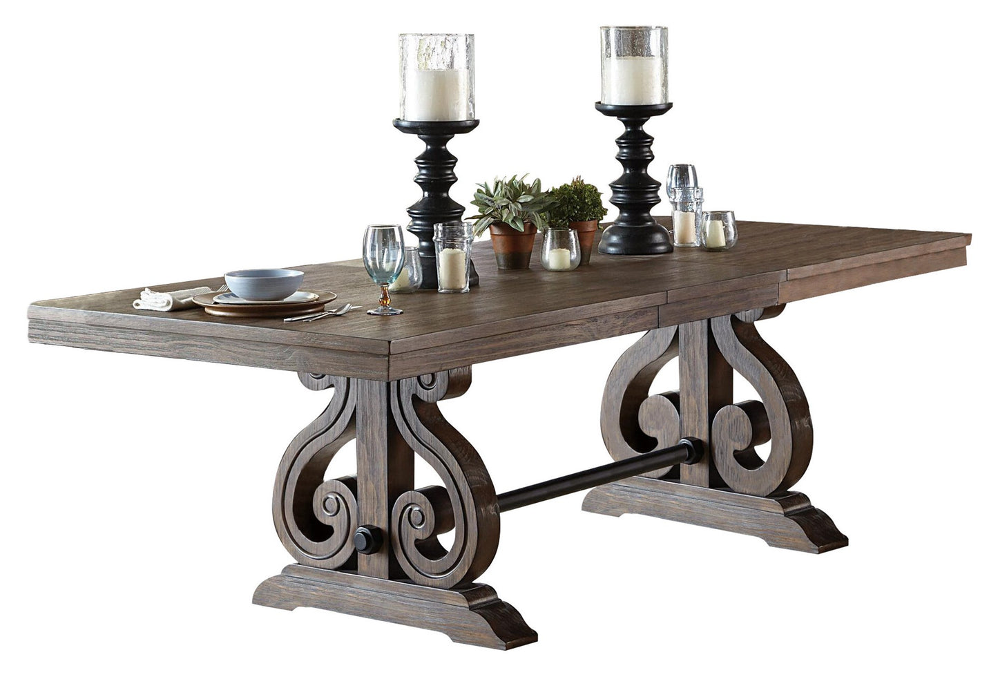 Homelegance Toulon 7PC Dining Set Trestle Table, 4 Chair, Bench, Server in Distressed Oak