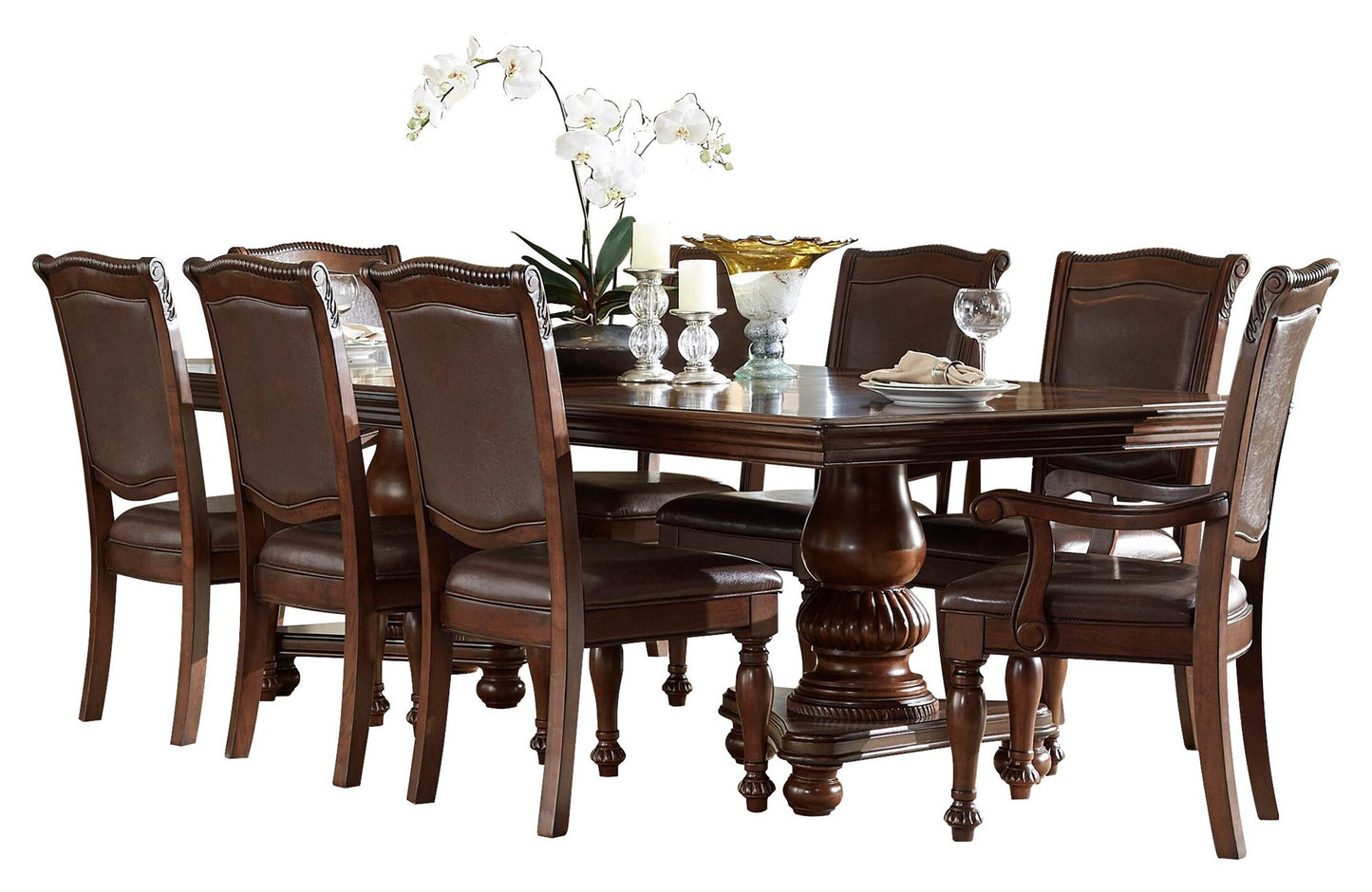 Homelegance Lordsburg 9PC Dining Set Double Pedestal Table, 2 Arm Chair, 6 Side Chair in Brown Cherry