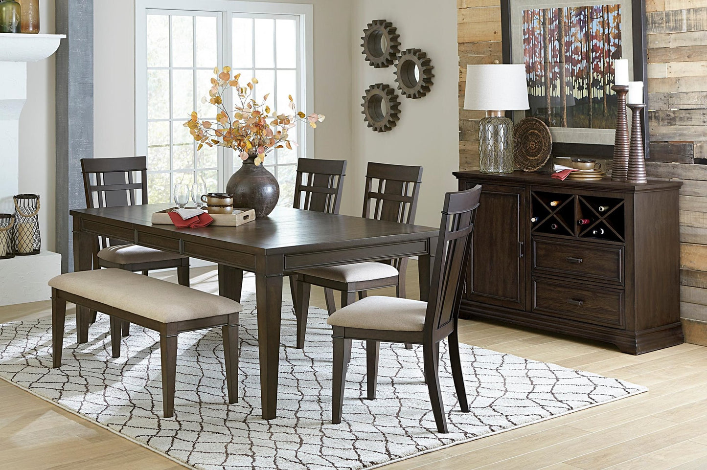 Homelegance Makah 7PC Dining Set Table, 4 Chair, Bench, Server in Rustic Brown