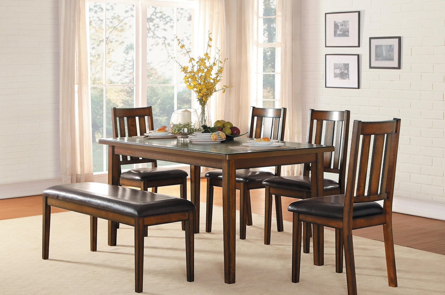 Homelegance Delmar 6PC Dining Set Table, 4 Chair, Bench in Brown