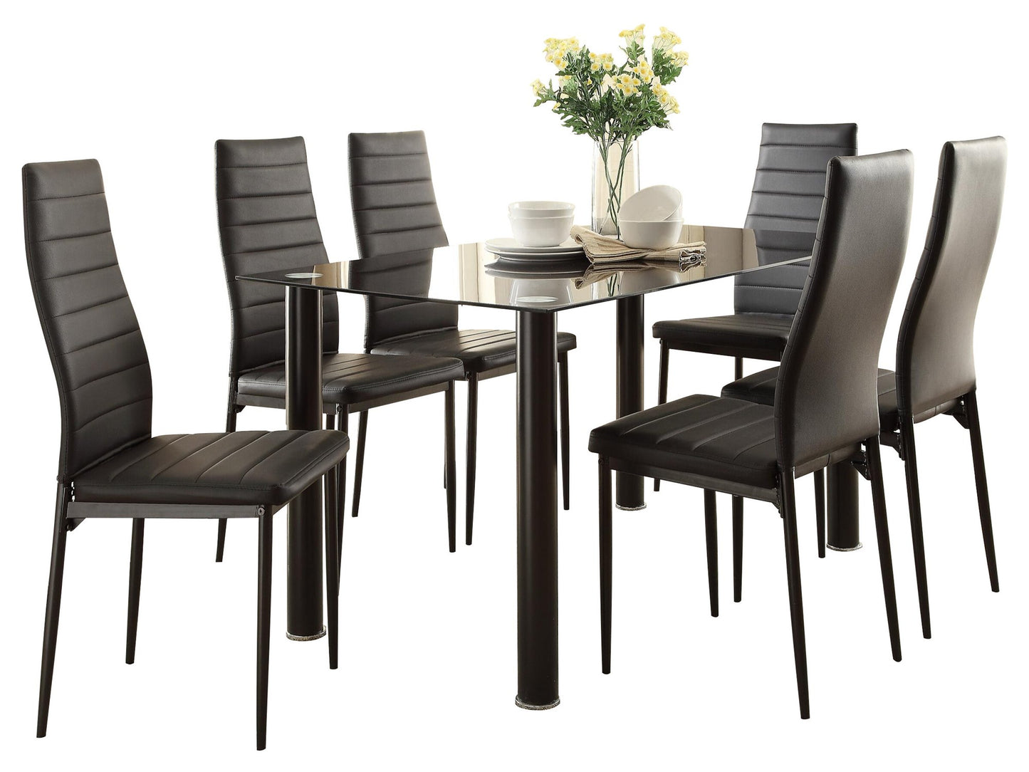 Homelegance Florian 7PC Dining Set Table Glass Top, 6 Chair in Black