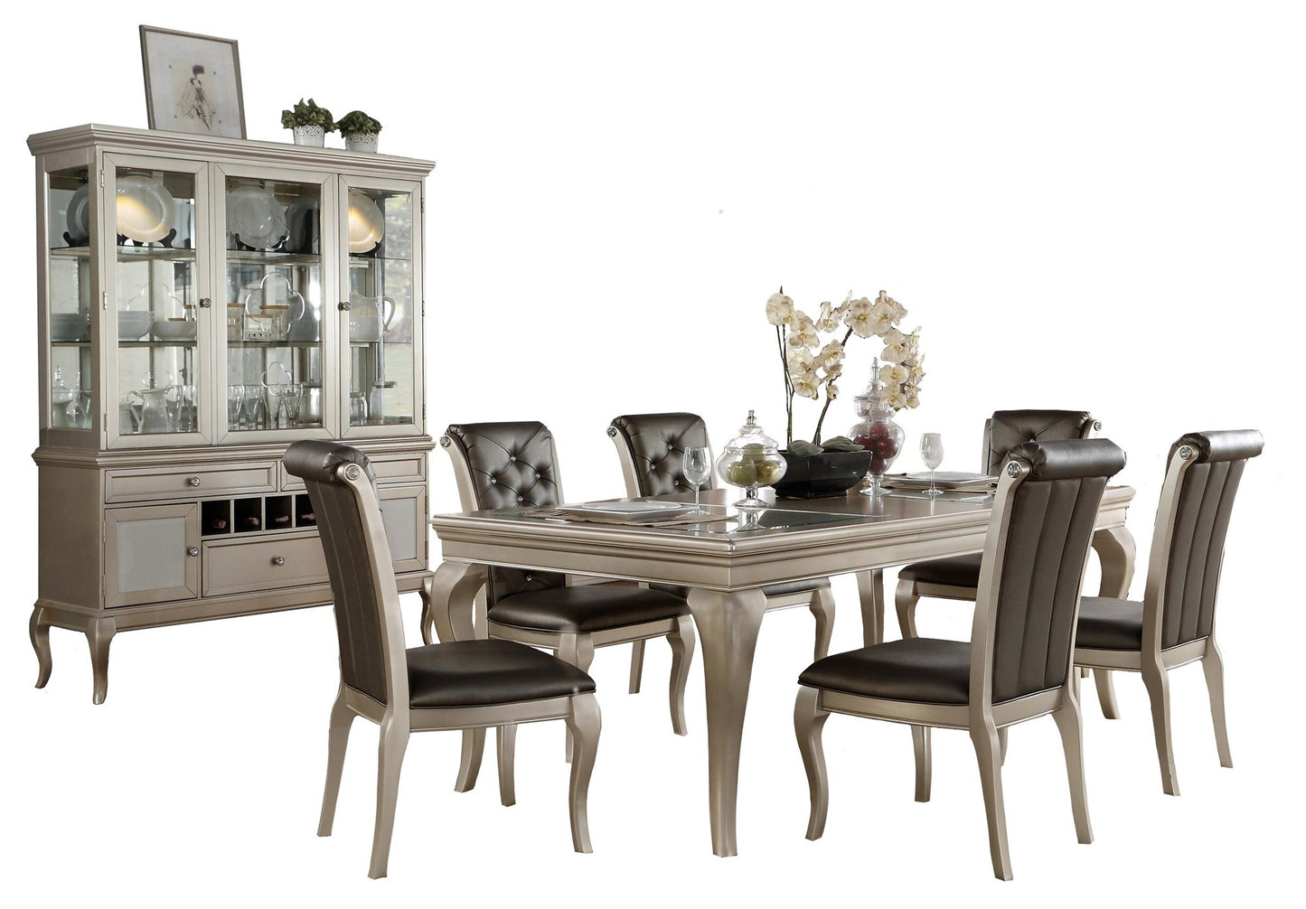 Homelegance Crawford 8PC Dining Set Opaque Glass Table, 6 Chair, Buffet & Hutch in Silver