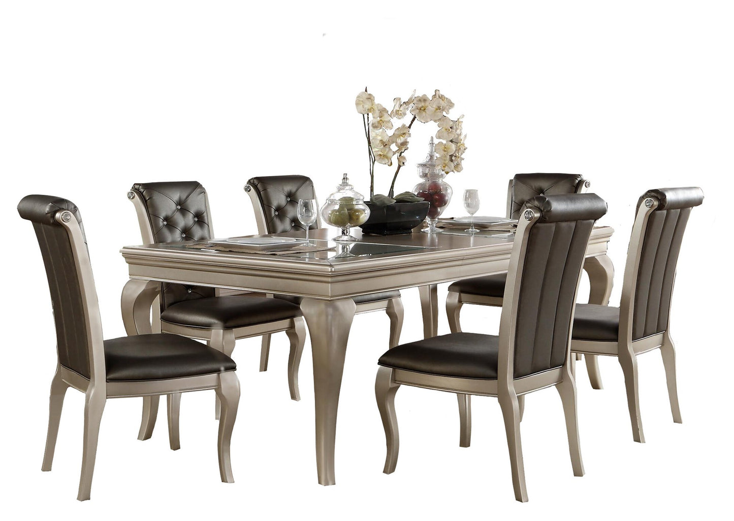 Homelegance Crawford 7PC Dining Set Opaque Glass Table, 6 Chair in Silver