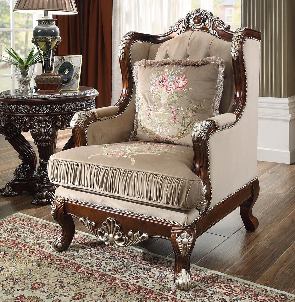 Fabric Chair in Custom Burl & Antique Silver Finish C562 European Victorian