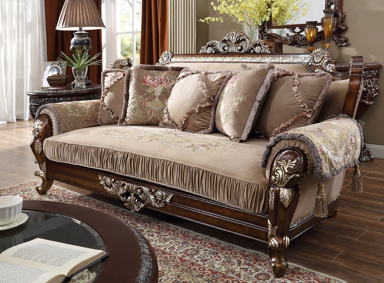 Fabric Sofa in Custom Burl & Antique Silver Finish S562 European Victorian