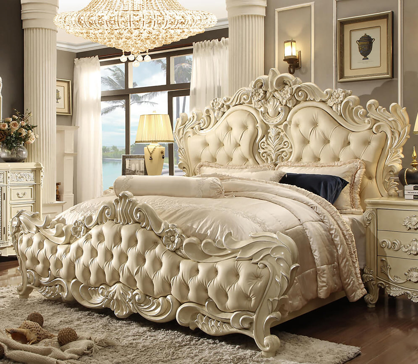 Leather Cal King Bed in Newberry Cream Finish CK5800 European Victorian