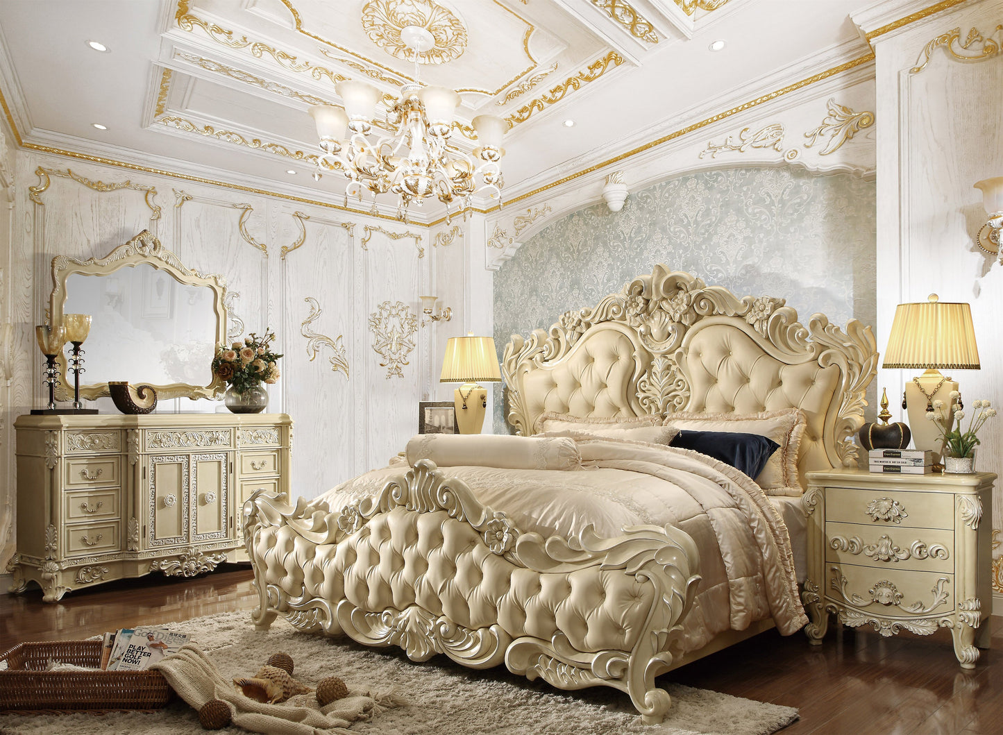 Leather E King 5PC Bedroom Set in Newberry Cream Finish EK5800-5PC European