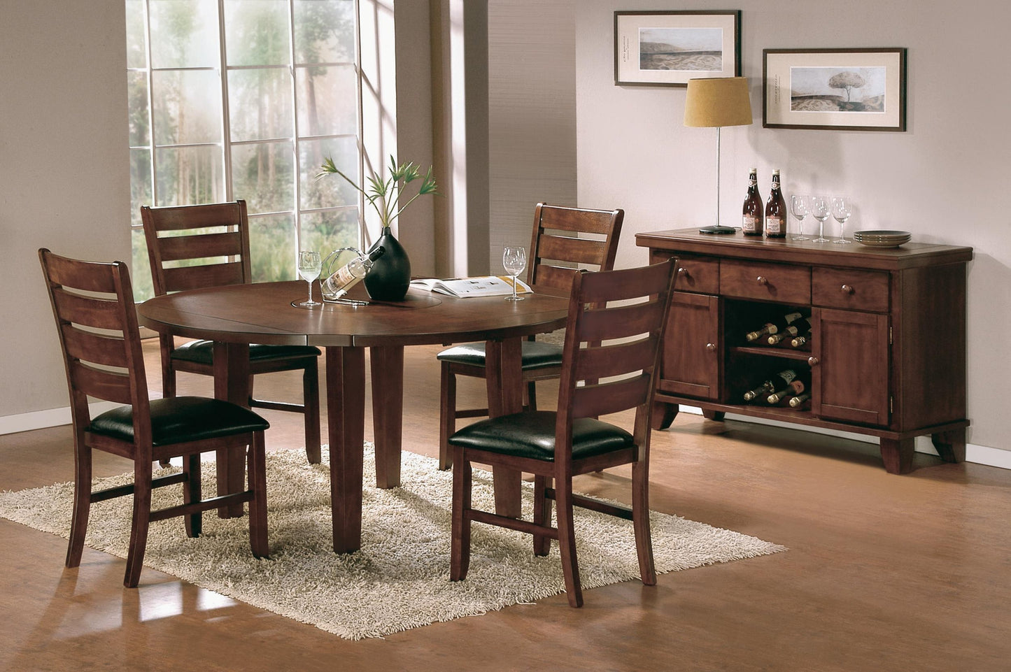 Homelegance Ameillia 6PC Dining Set Round Table, 4 Chair, Server in Dark Brown