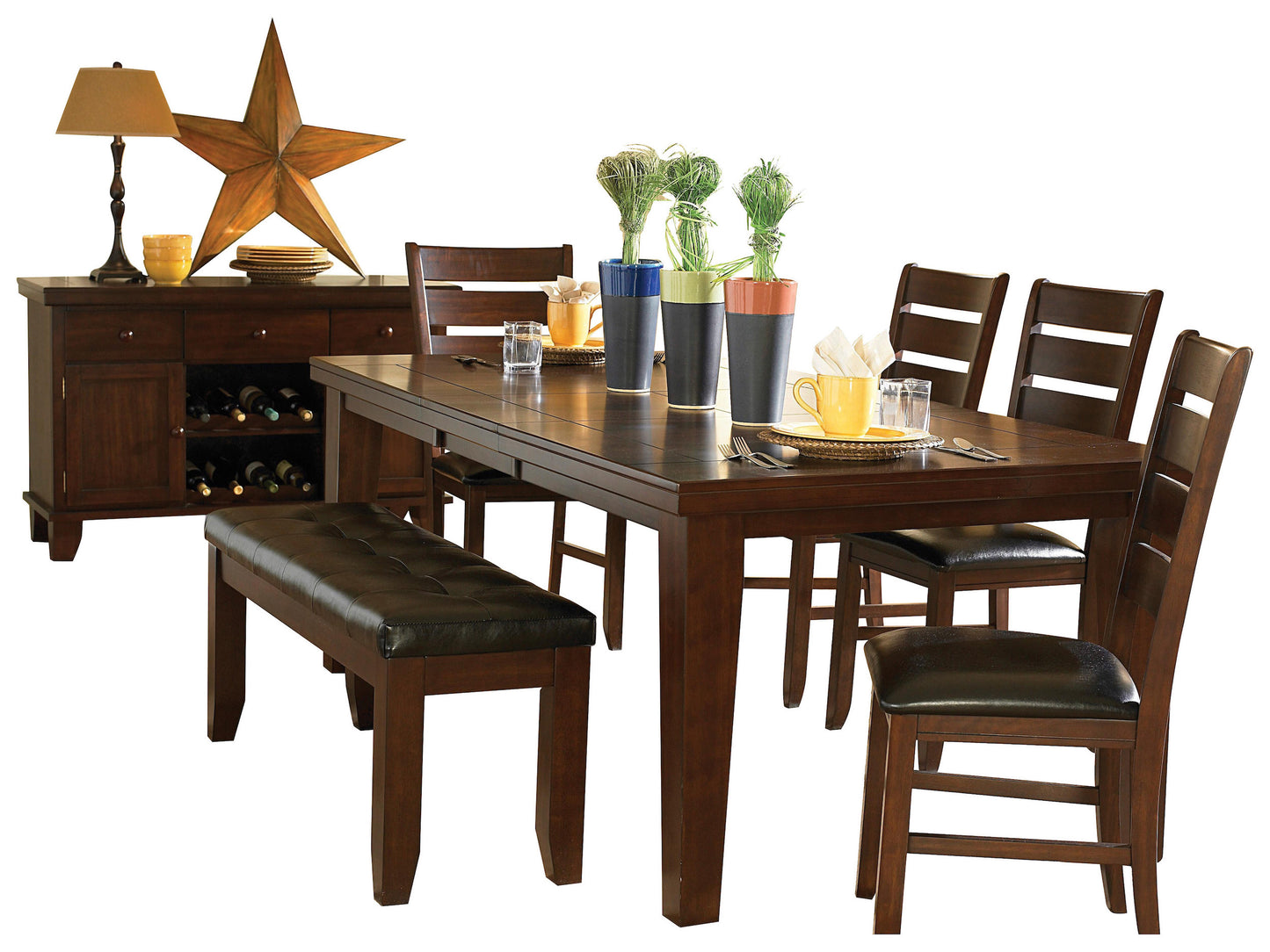 Homelegance Ameillia 7PC Dining Set Dining 82 inch Table, 4 Chair, Bench, Server in Dark Brown