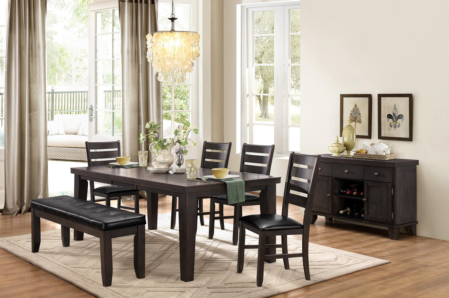 Homelegance Ameillia 7PC Dining Set 82 inch Table, 4 Chair, Bench, Server in Dark Oak