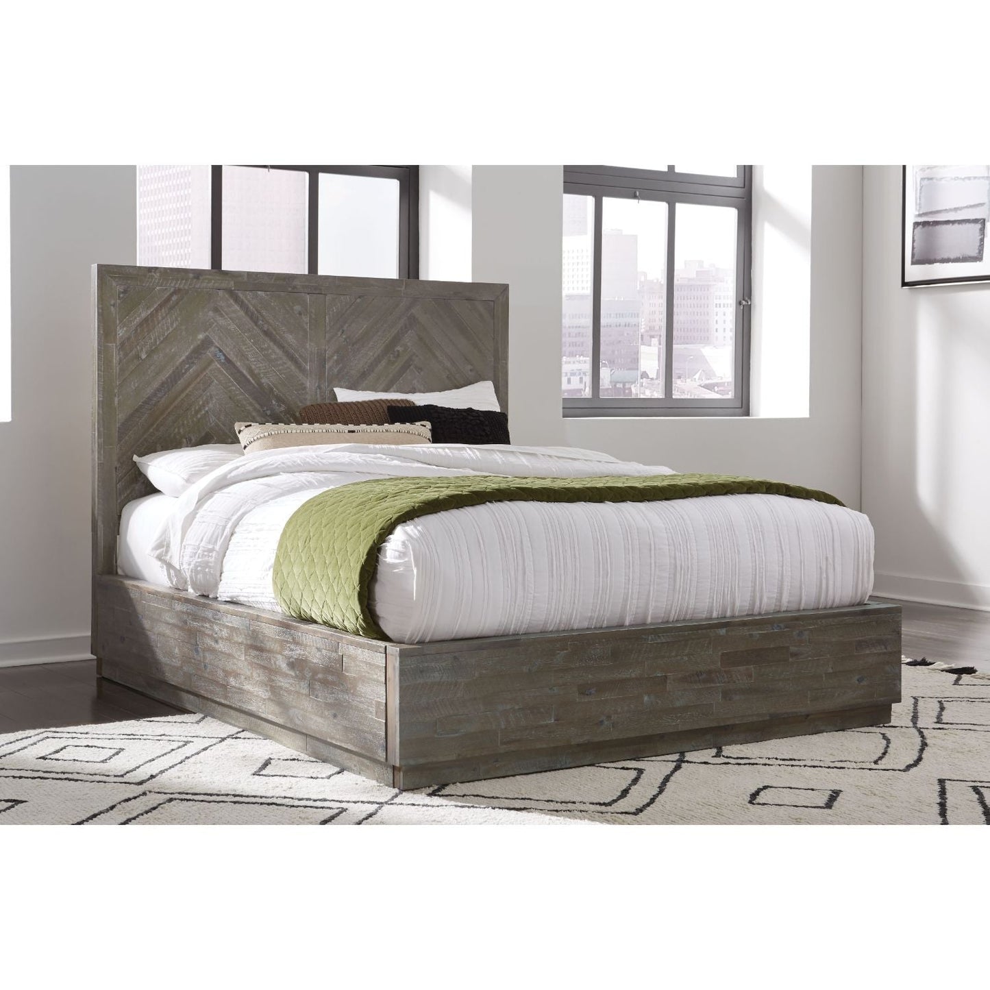 Modus Herringbone Wood Storage Bed in Rustic Latte