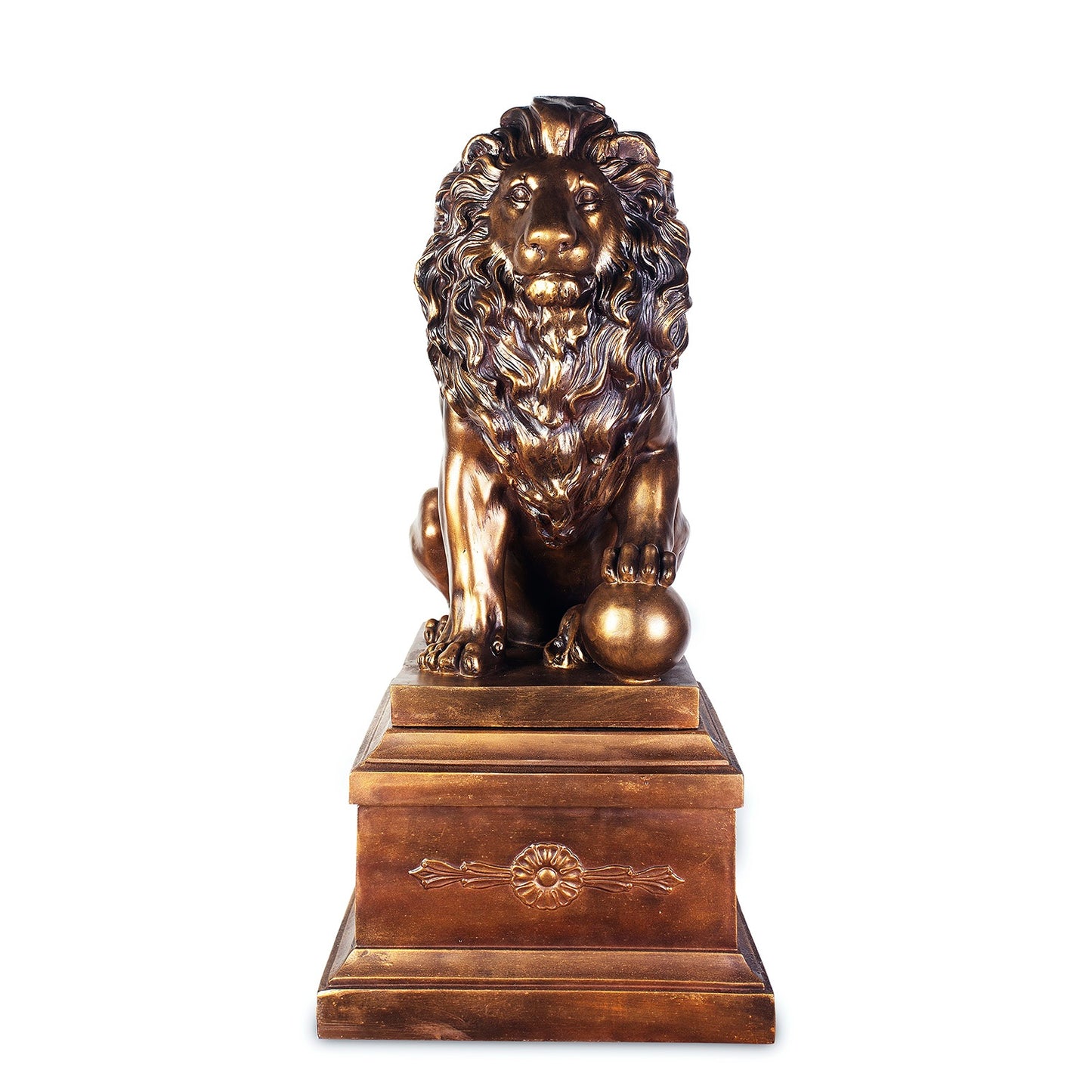 Lion Sculpture with Right Ball in Antique Bronze with Polish Accent Finish AC71159