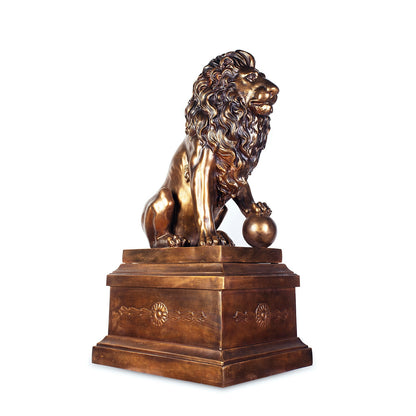 Lion Sculpture with Right Ball in Antique Bronze with Polish Accent Finish AC71159