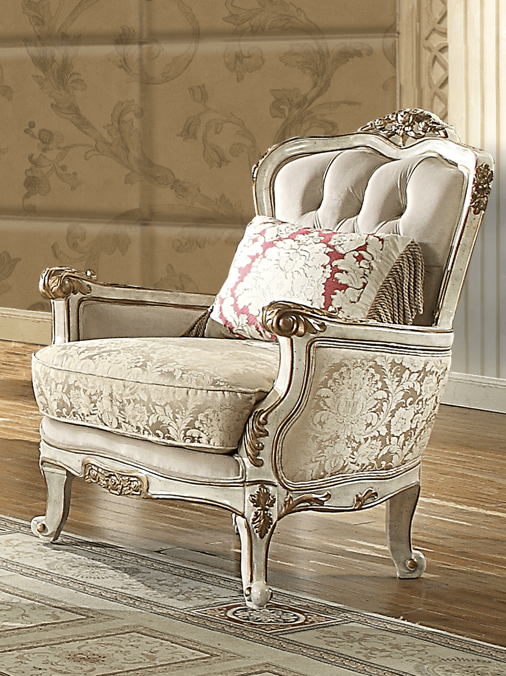 Fabric Accent Chair in Silvery White Cream Finish European Victorian