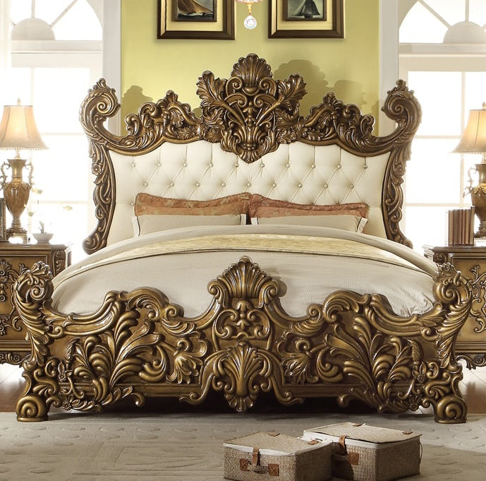 Leather Eastern King Bed in Metallic Antique Gold & Brown Finish 8008EKBED
