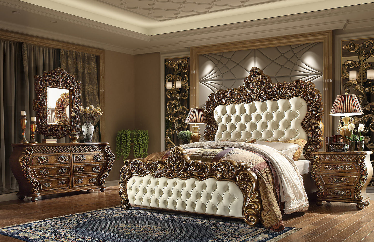 Leather Cal King 5PC Bedroom Set in Antique Gold Brown Finish 8011-BSET5-CK