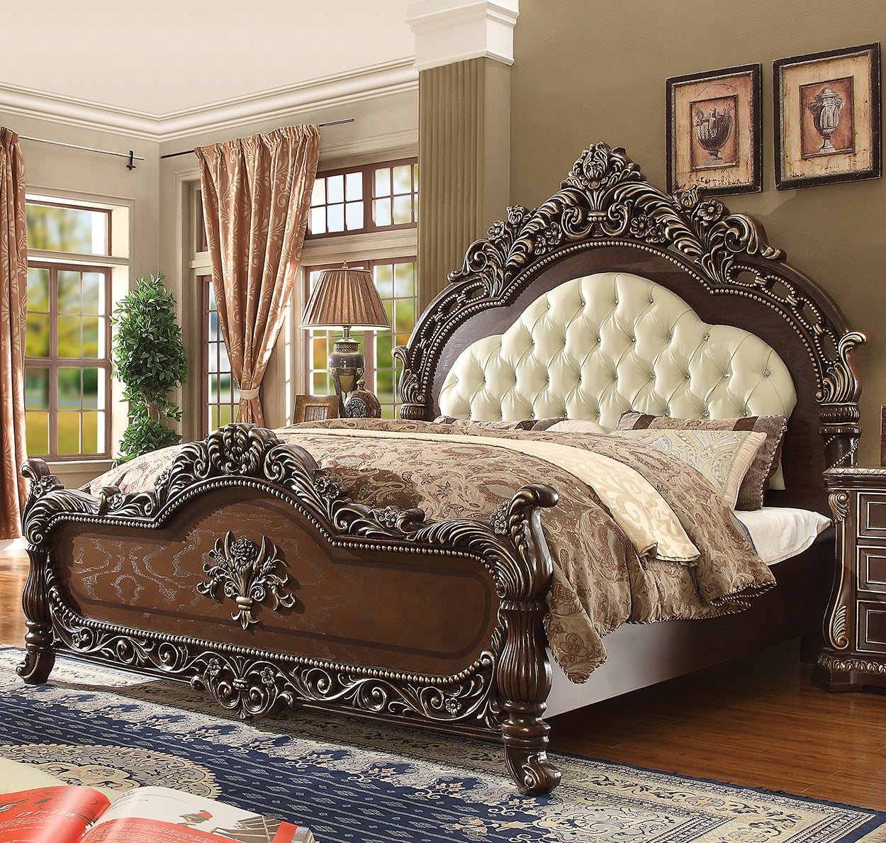 Leather Cal King Bed in Brown Cherry Finish 8013CKBED European Victorian