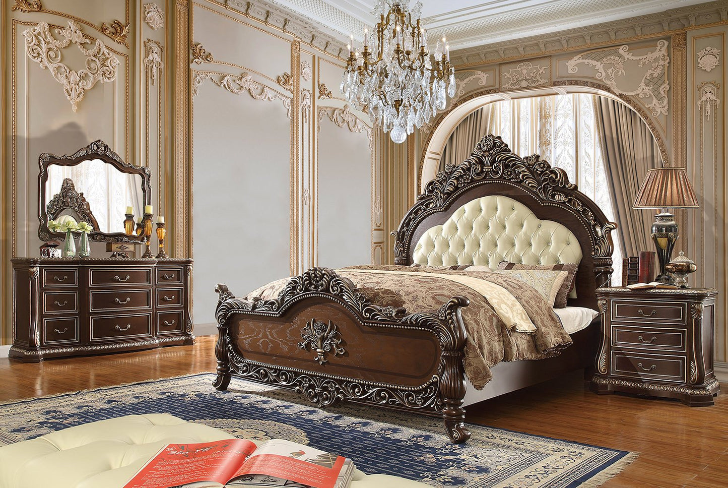 Leather E King 5PC Bedroom Set in Brown Cherry Finish EK8013-5PC European