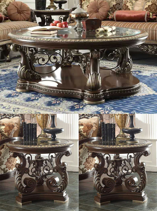 3 PC Coffee Table Set in Brown Cherry Finish 8013-CTSET3 European Victorian