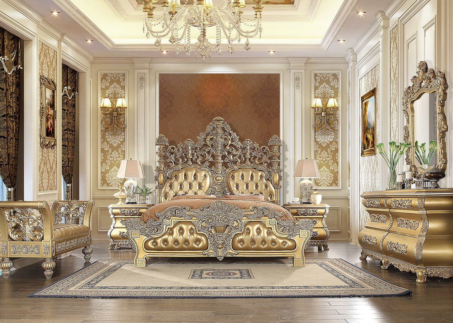 Leather E King 5PC Bedroom Set in Metallic Bright Gold Finish EK8016-5PC European