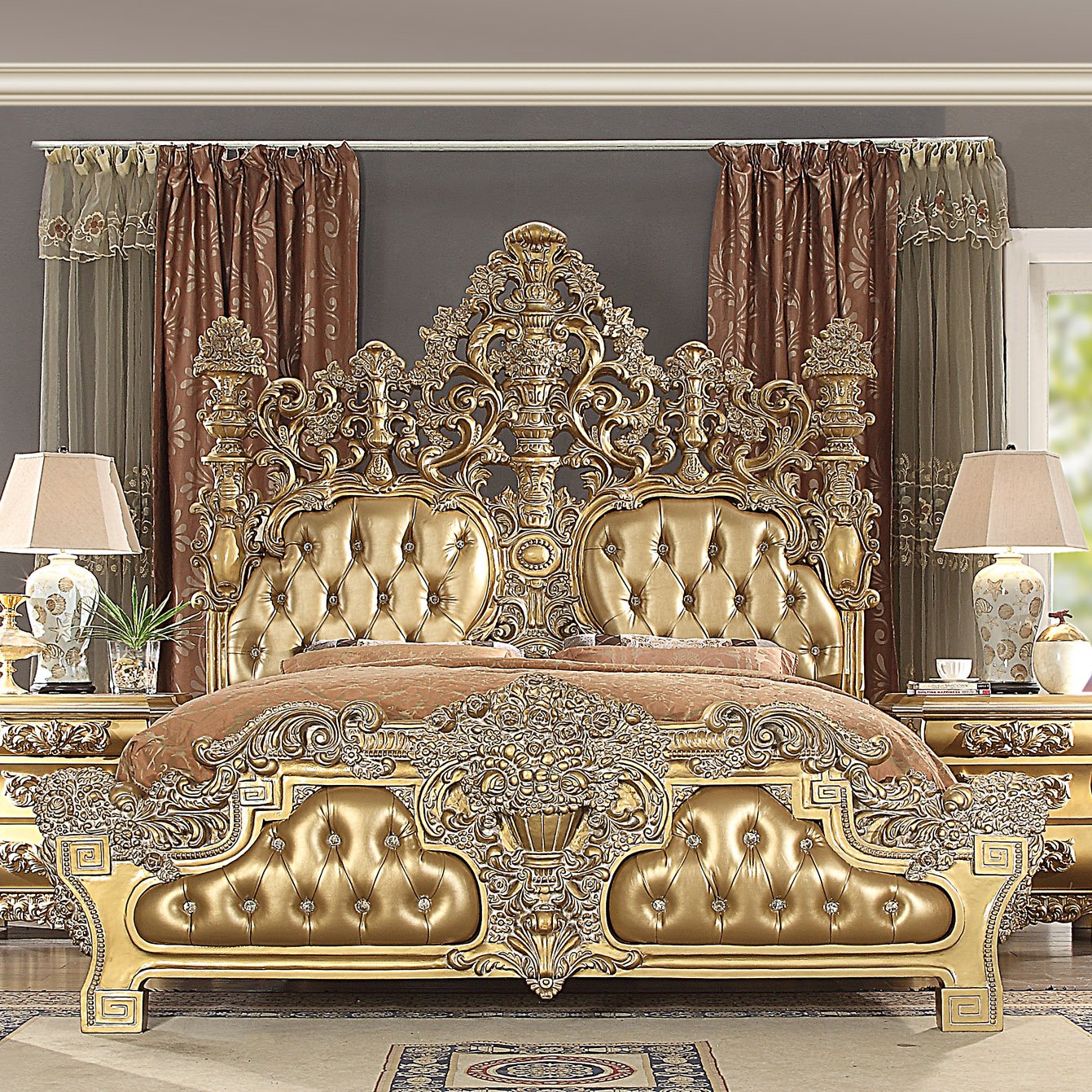 Leather Eastern King Bed in Metallic Bright Gold Finish 8016EKBED European