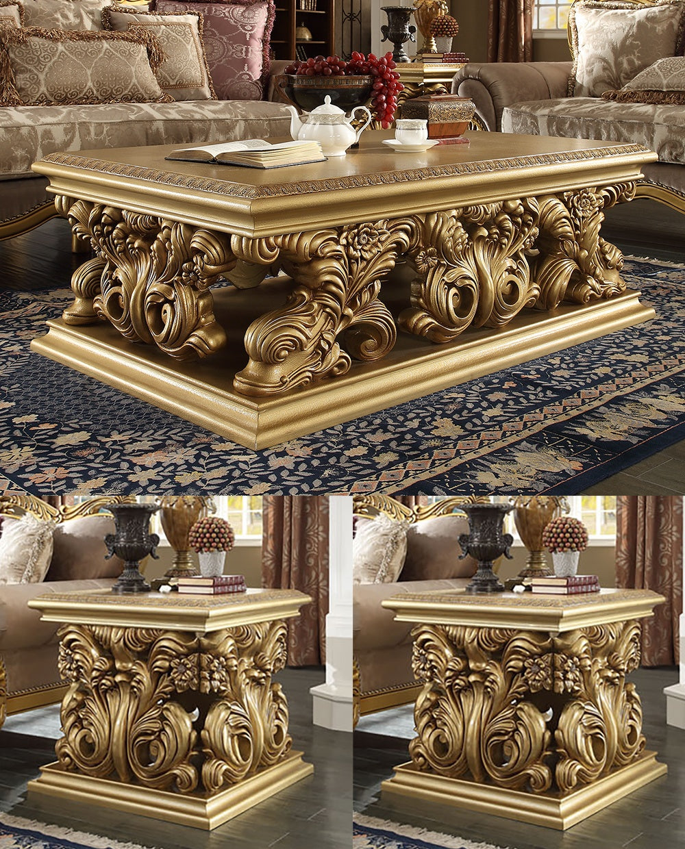 3 PC Coffee Table Set in Metallic Bright Gold Finish 8016-CTSET3 European Victorian