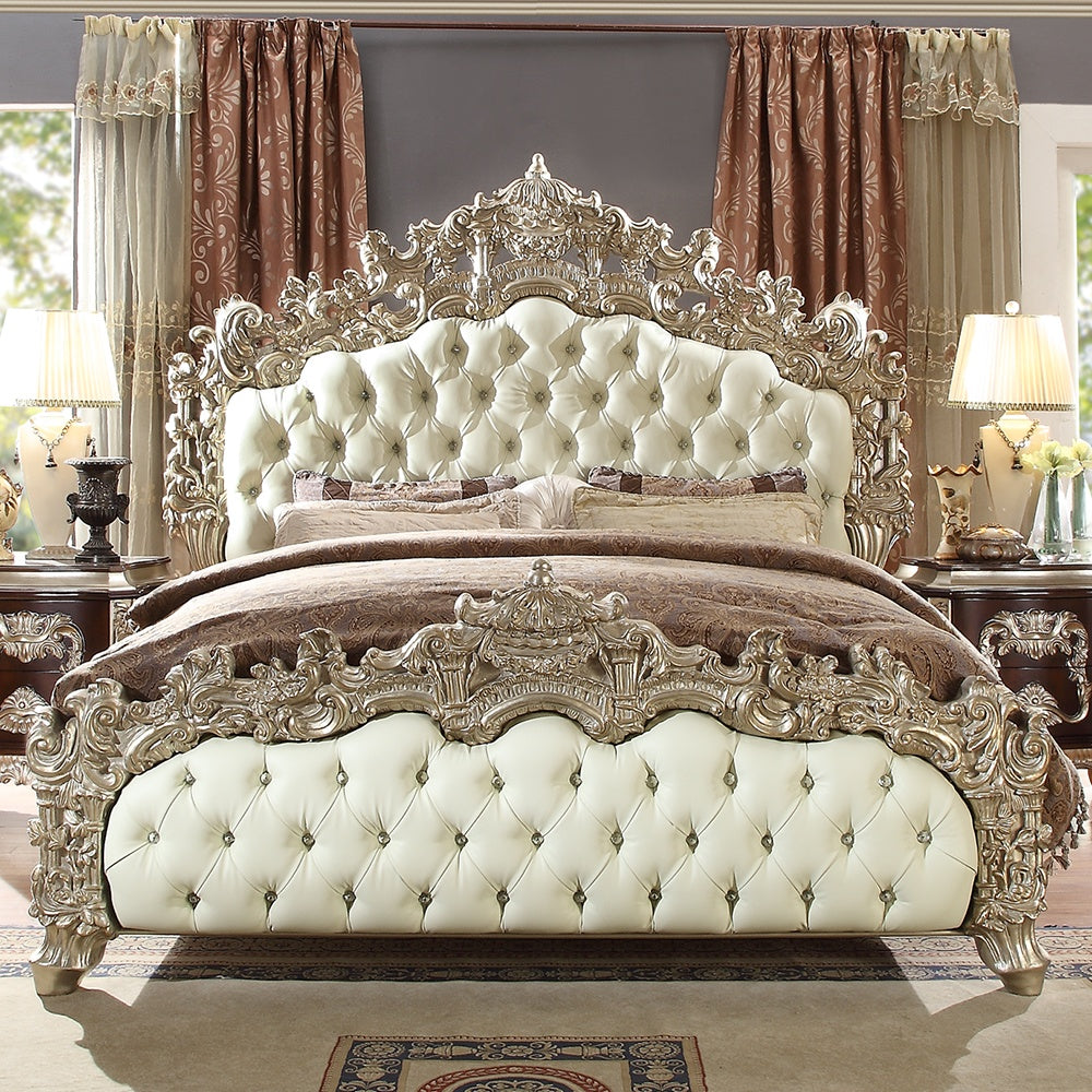 Leather Cal King Bed in Metallic Silver Finish 8017CKBED European Victorian