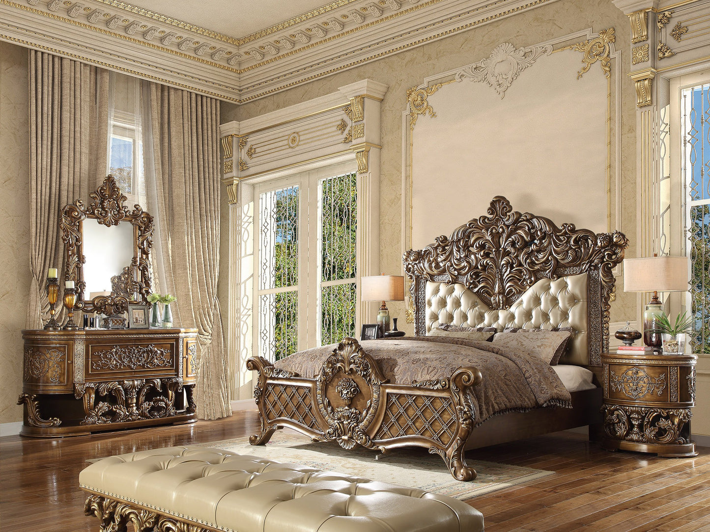 Leather E King 5PC Bedroom Set in Antique Gold & Brown Finish EK8018-5PC