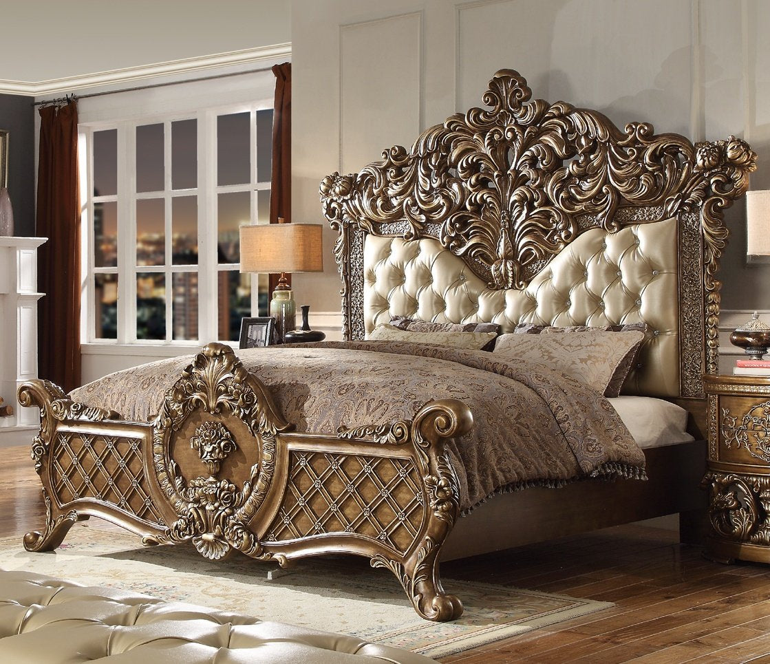 Leather Eastern King Bed in Metallic Antique Gold & Brown Finish 8018EKBED