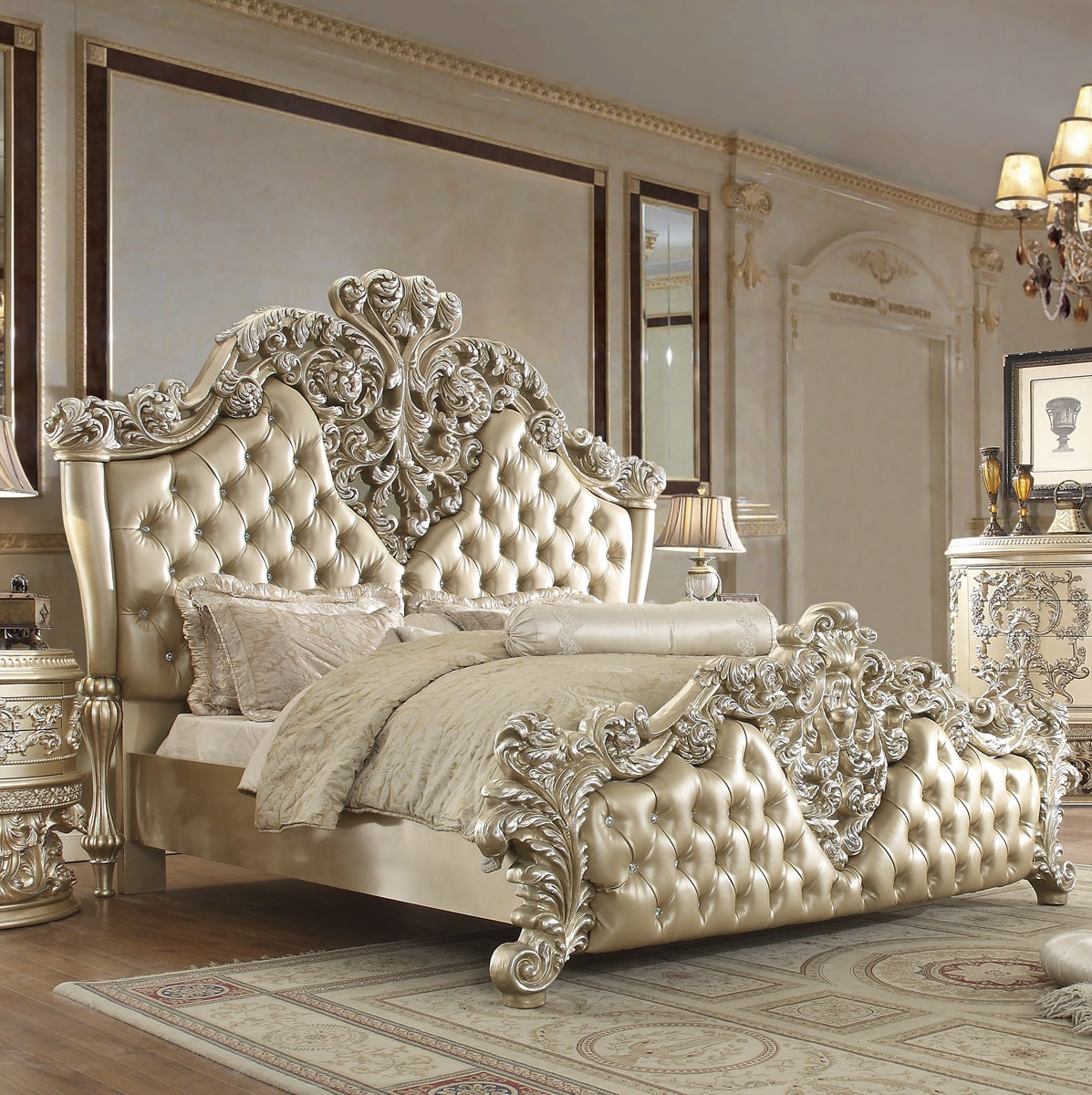 Leather Cal King Bed in Belle Silver Finish CK8022 European Traditional Victorian