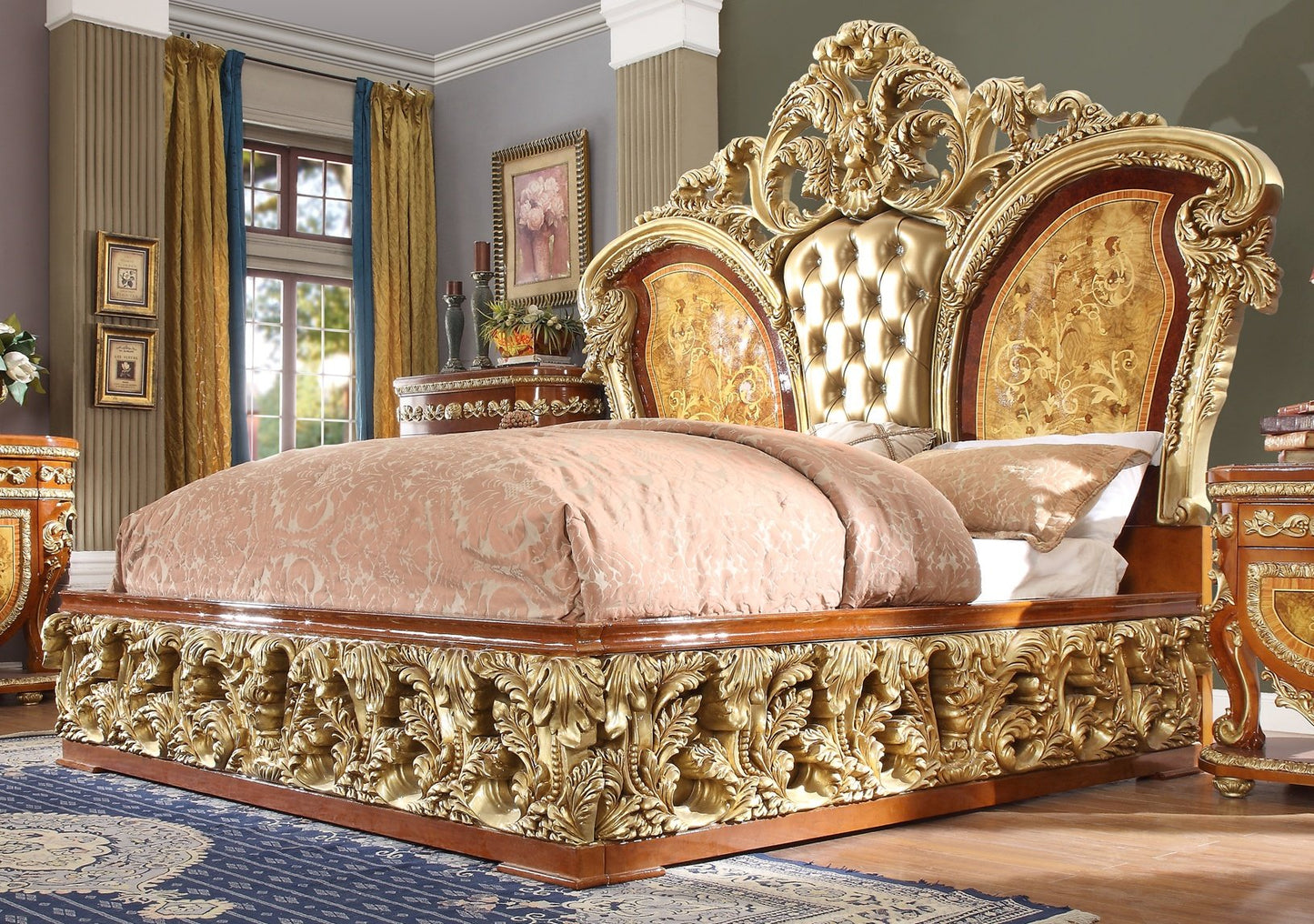 Leather Eastern King Bed in Metallic Golden Tan Finish EK8024 European Victorian