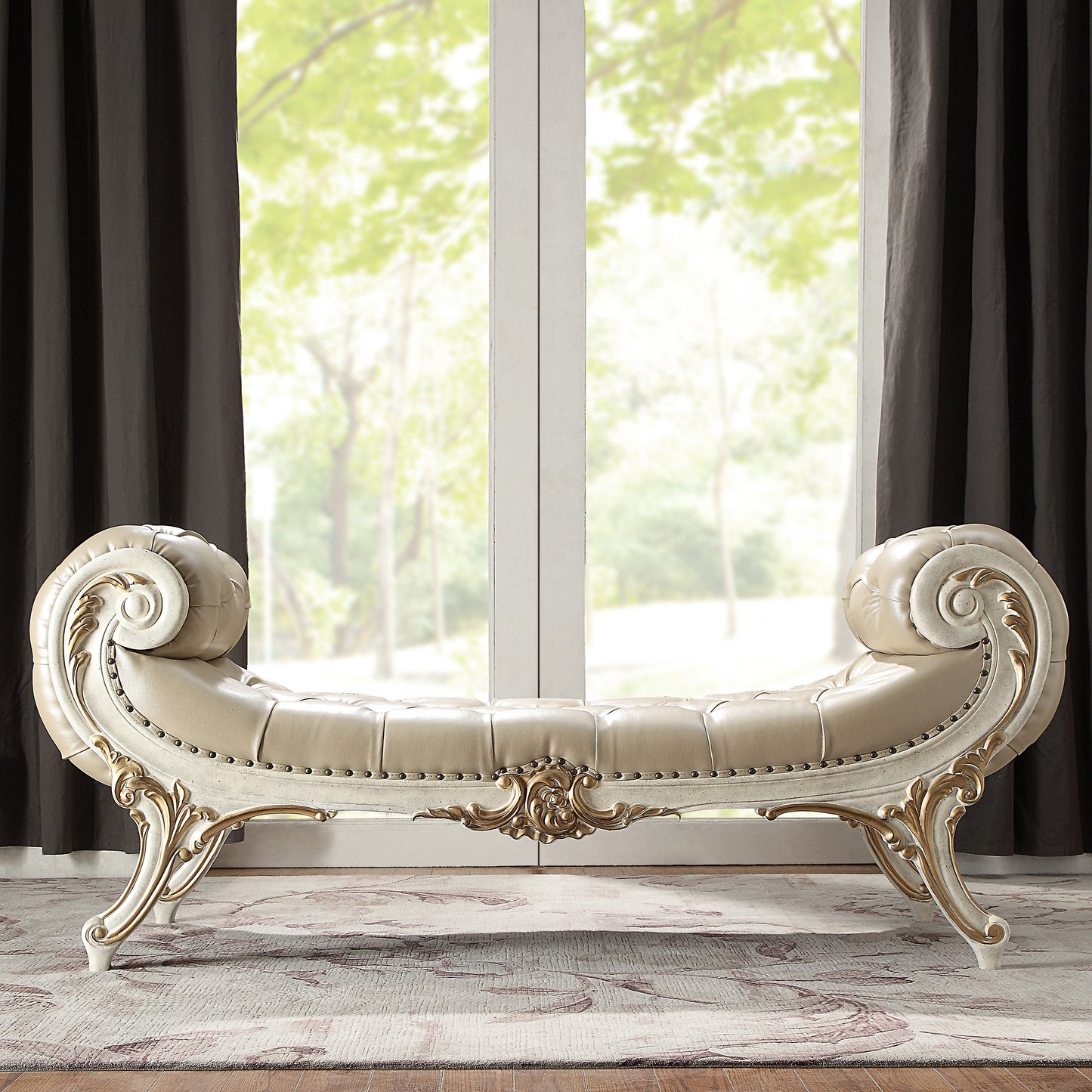 Leather Bed Bench in Plantation Cove White Finish European Victorian
