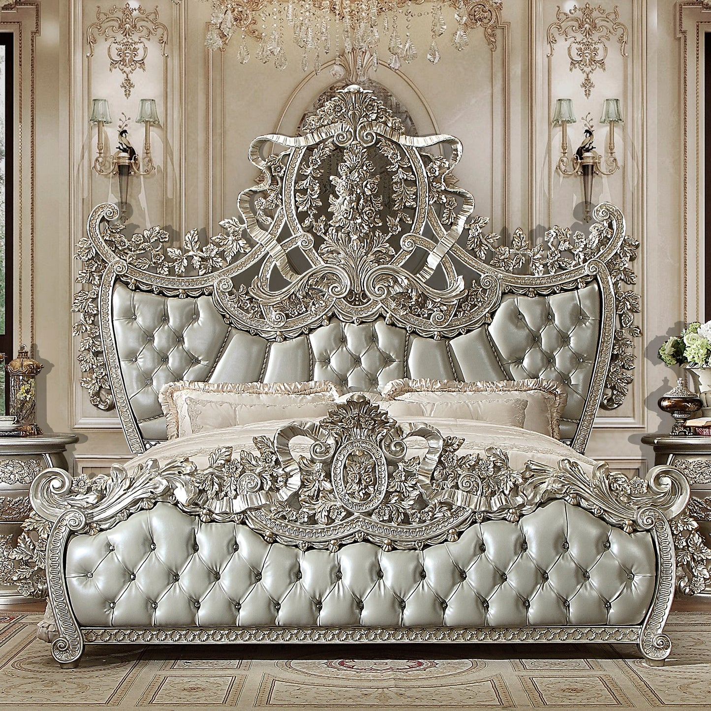 Leather Cal King Bed in Metallic Silver Finish CK8088 European Traditional Victorian