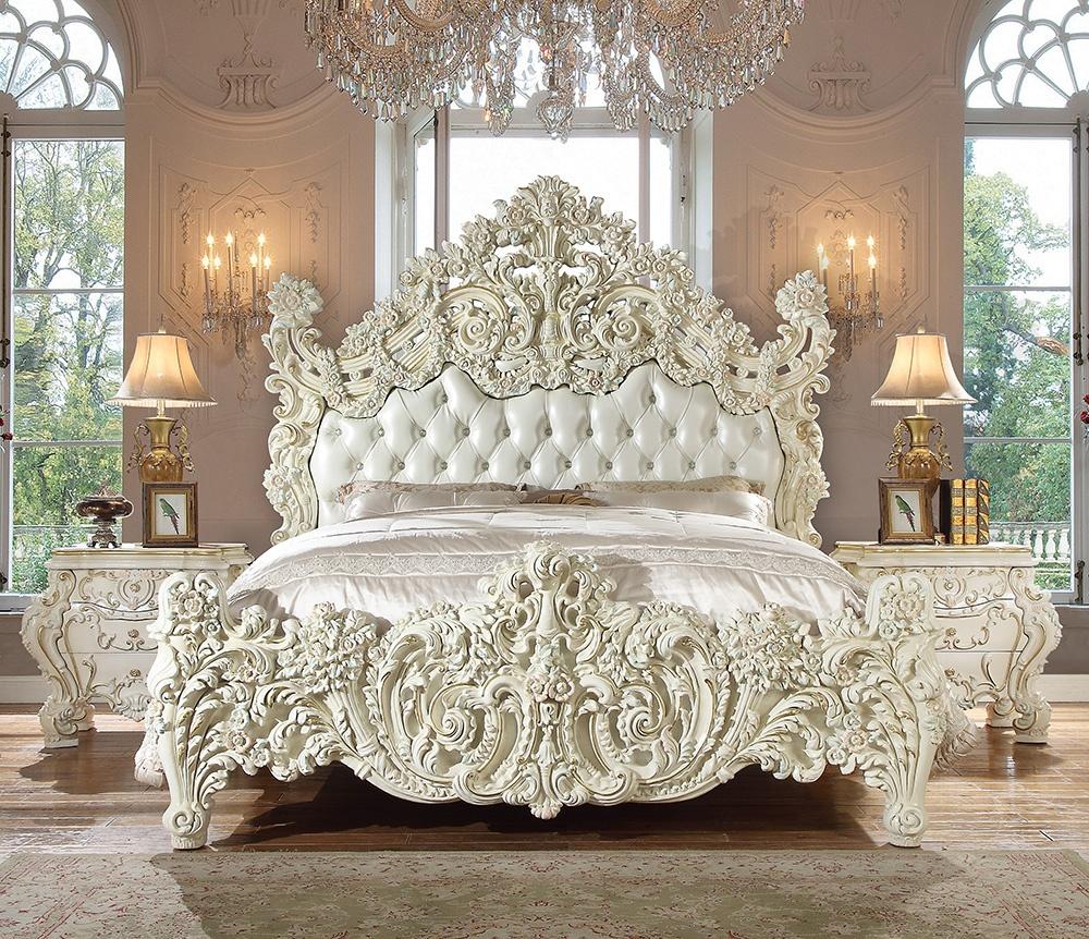 Leather Cal King Bed in White Gloss Finish CK8089 European Traditional Victorian