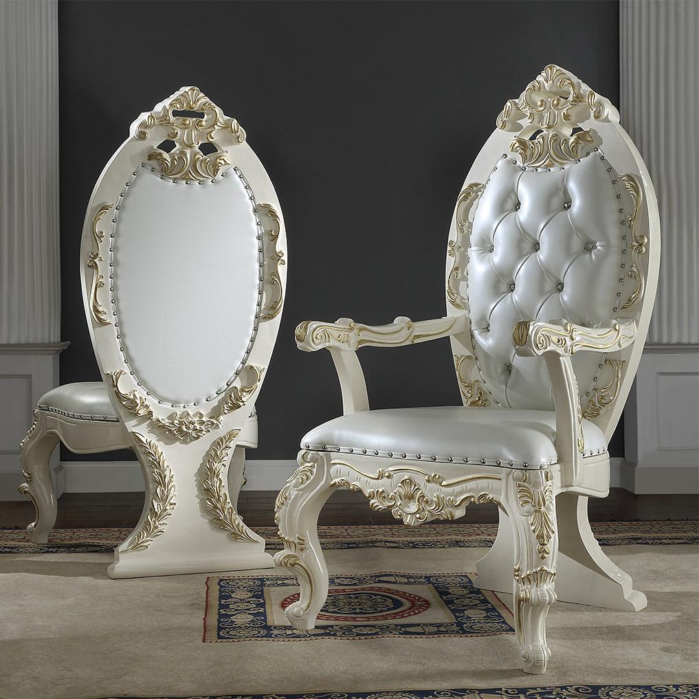 Leather Arm Chair in White Gloss & Gold Brush Finish AC8091 European Victorian