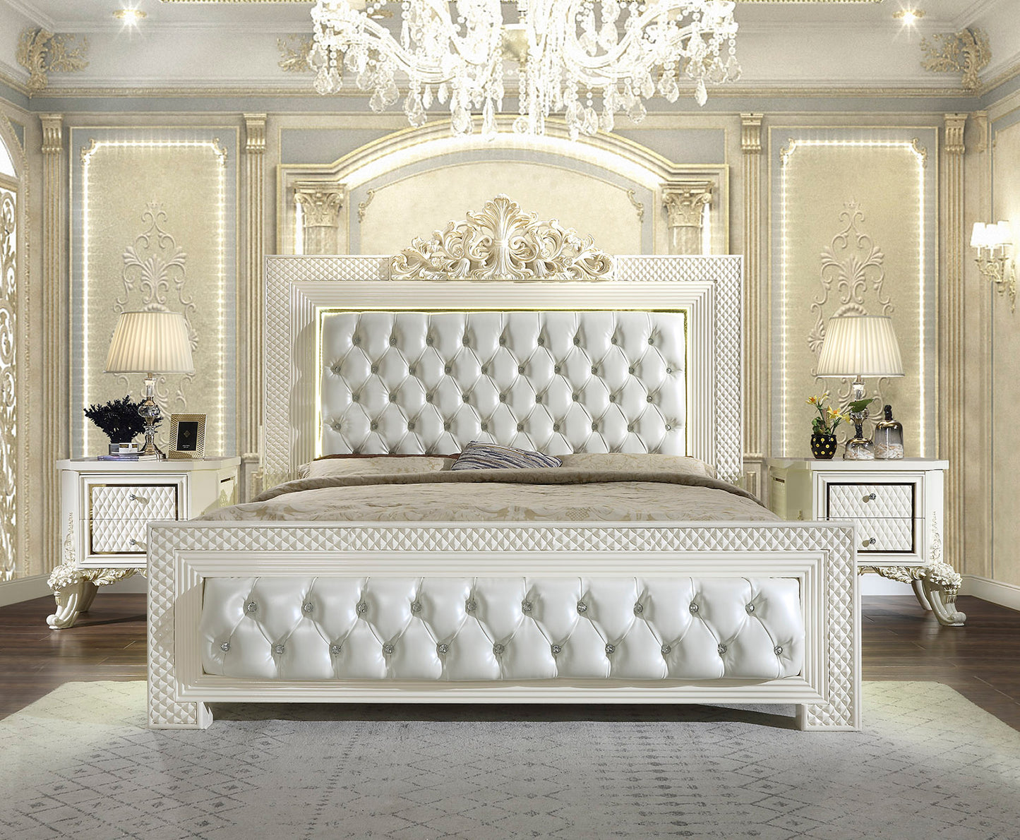 Leather E King 5PC Bedroom Set in White Gloss & Gold Finish EK8091-5PC European