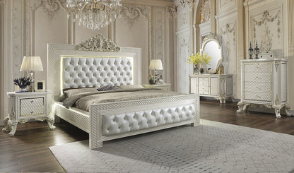 Leather Cal King Bed in White Gloss & Gold Brush Finish CK8091 European Victorian