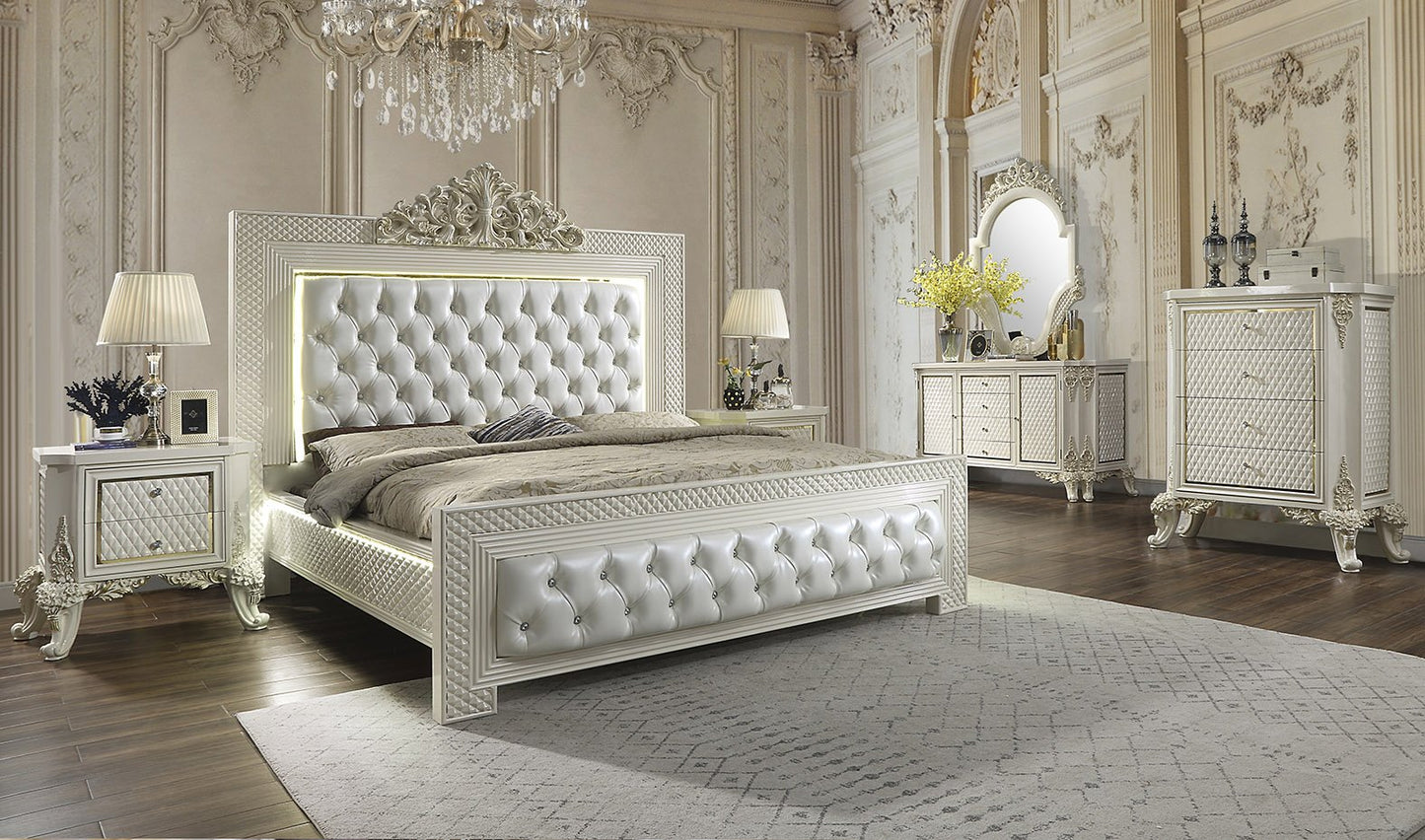 Leather Cal King 5PC Bedroom Set in White Gloss & Gold CK8091-5PC-BD European