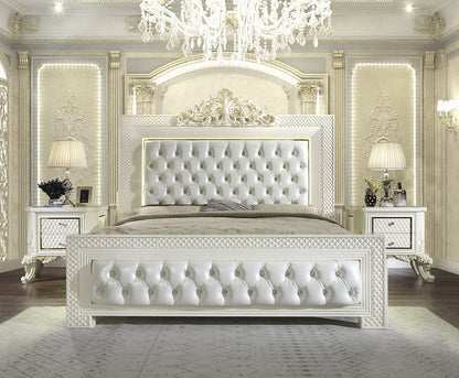 Leather Eastern King Bed in White Gloss & Gold Brush Finish EK8091 European