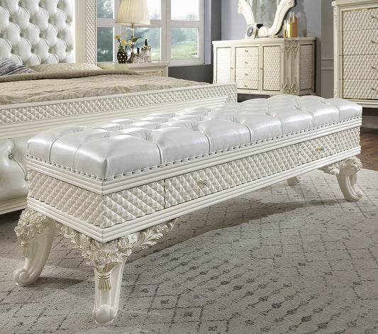 Leather Bed Bench in White Gloss & Gold Brush Finish European Victorian