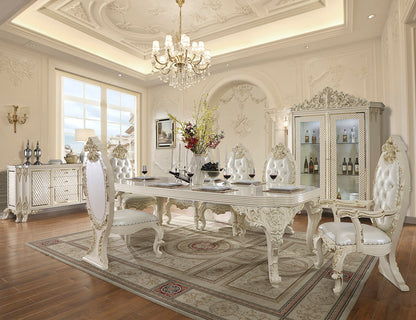 9 PC Dining Table Set in White Gloss & Gold Finish w Leather Seat 8091-9PC-DN