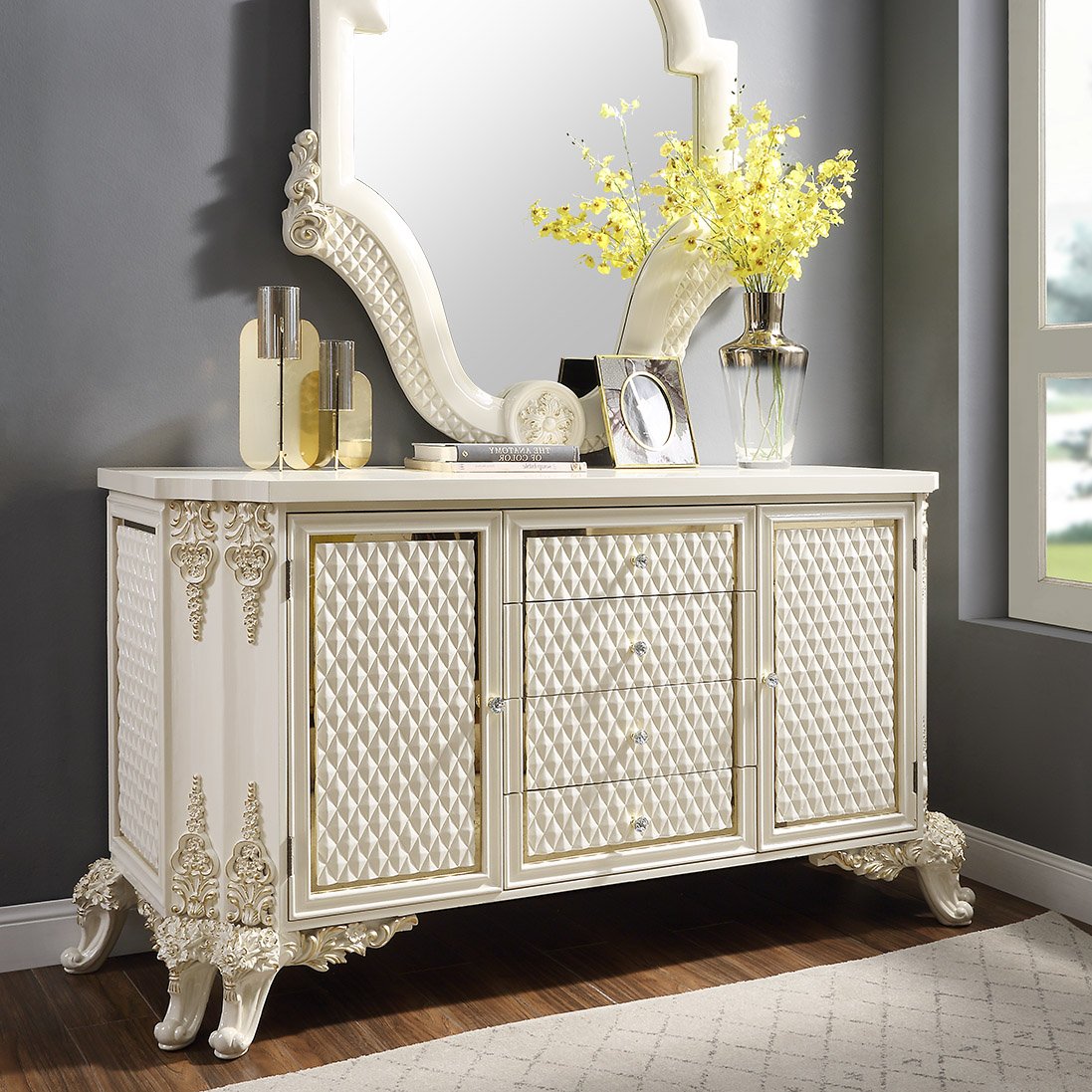 Dresser in White Gloss & Gold Brush Finish D8091 European Traditional Victorian