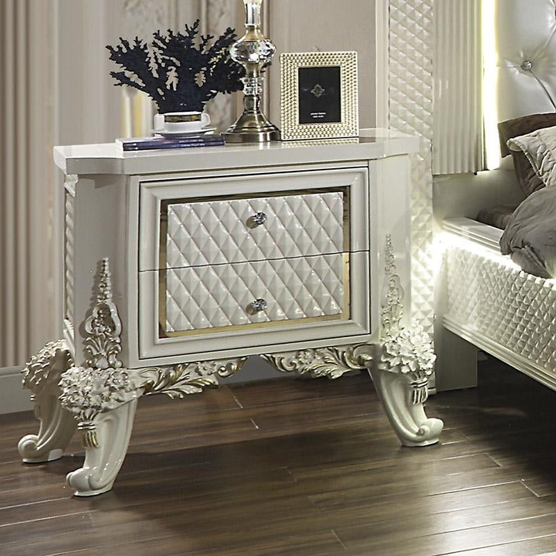 Nightstand in White Gloss & Gold Brush Finish N8091 European Traditional Victorian