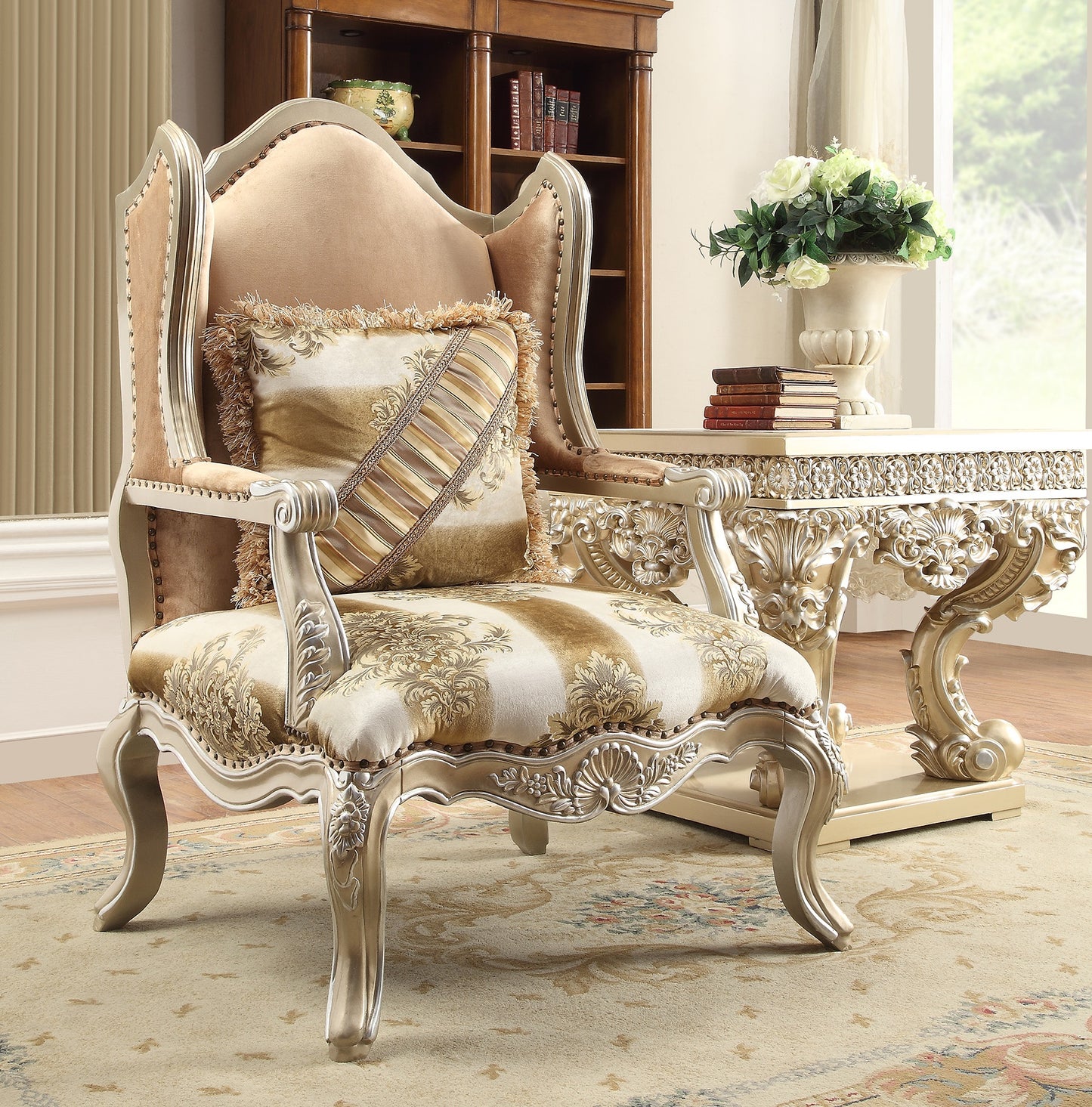 Fabric Accent Chair in Belle Silver Finish European Traditional Victorian