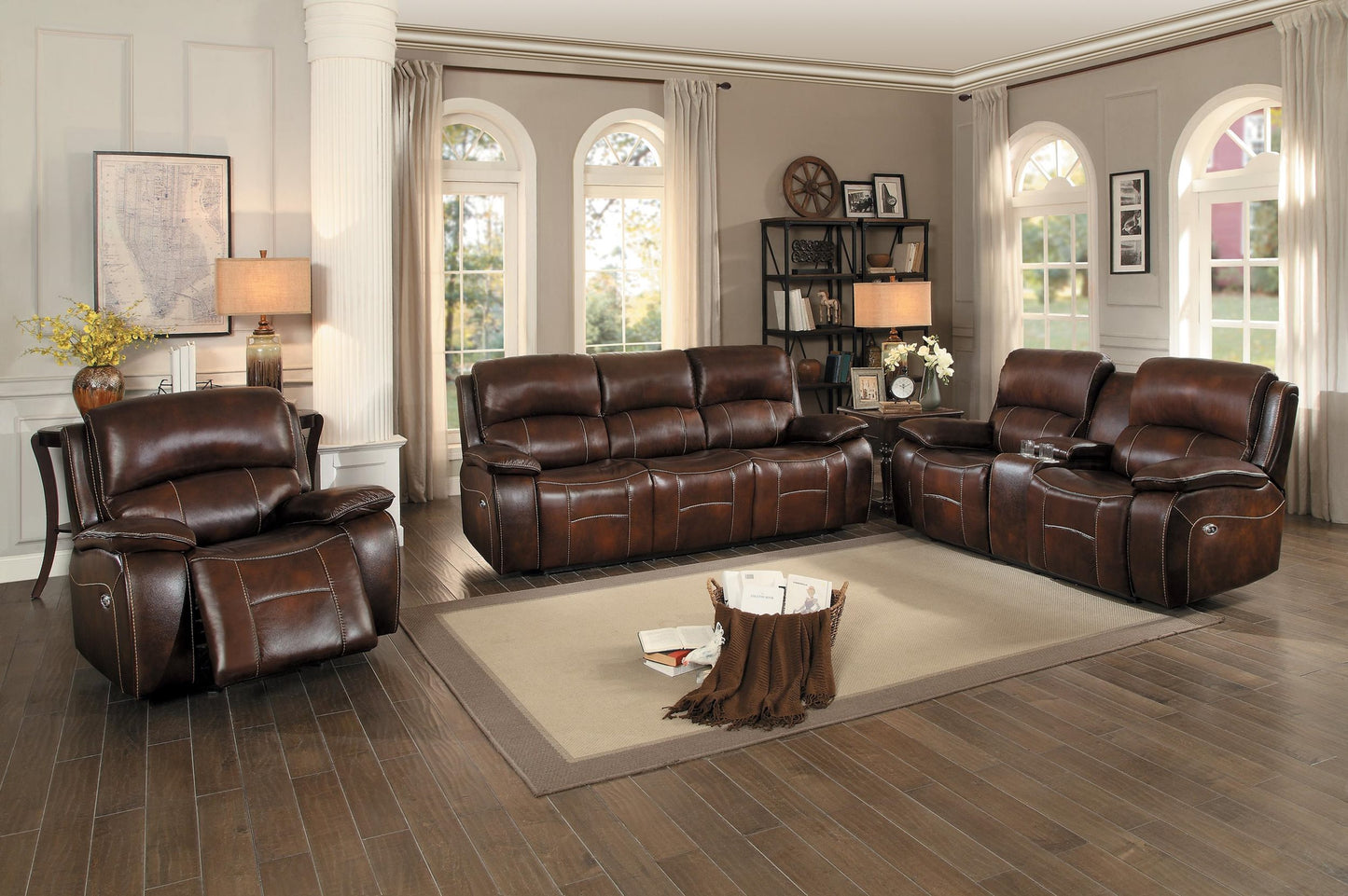 Homelegance Mahala Power Double Reclining Love Seat in Brown Top Grain Leather