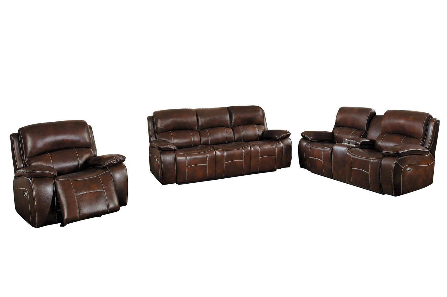 Homelegance Mahala 3PC Double Reclining Sofa, Love Seat & Glider Recliner Chair in Brown Top Grain Leather
