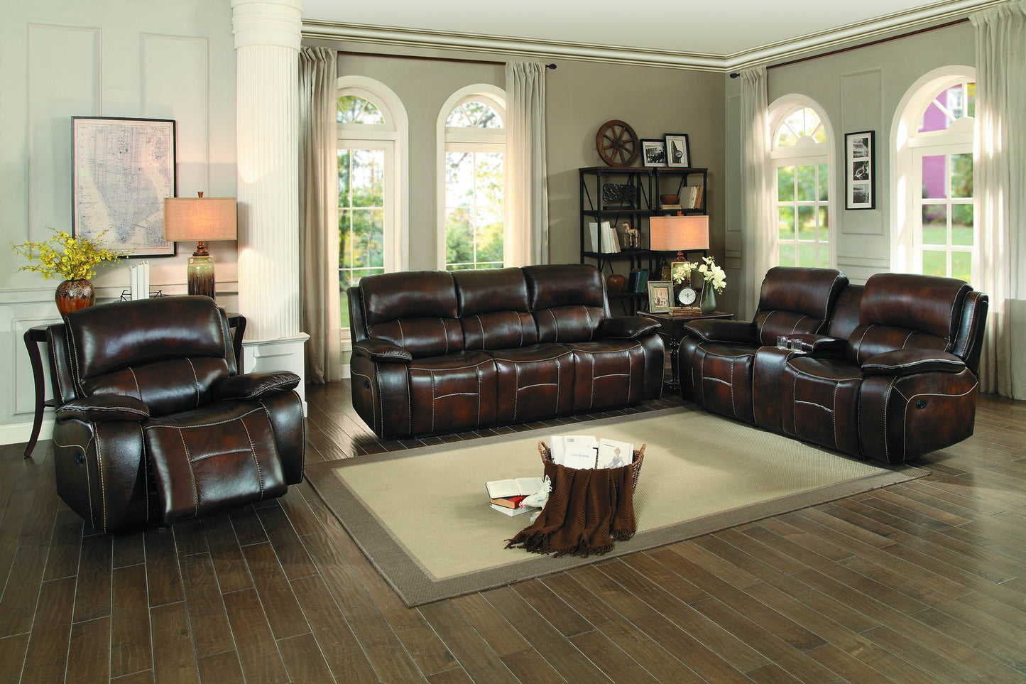 Homelegance Mahala 2PC Double Reclining Love Seat & Glider Recliner Chair in Brown Top Grain Leather